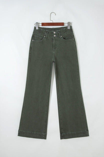 Brooke 2-Button High Waist Flared Bottom Jeans - Olive