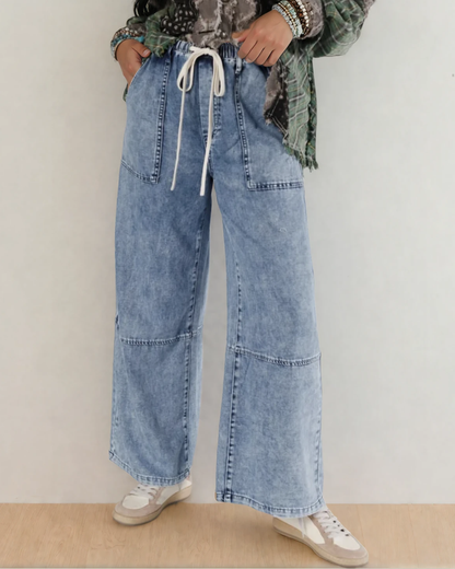 Celestine Acid Wash Exposed Seam Drawstring Elastic Waist Barrel Jeans