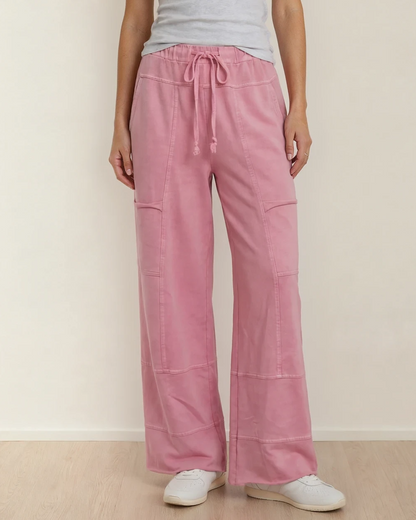 Hannah Mineral Wash Exposed Seam Wide Leg Cargo Pants - Bonbon