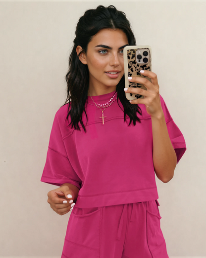 Drop Shoulder Boxy Tee and Barrel Pants Set - Rose Red